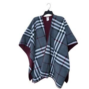 Woolrich reversible plaid gray burgundy fleece cape wrap shawl poncho one size